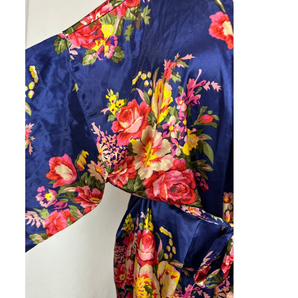 Lightweight Satin Navy Blue Floral Robe with Yellow Pink Belted - Picture 6 of 10